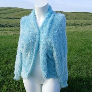 RAGA Blue Cardigan Sweater Top Shirt womens size L Large Faux Fur Eyelash Dolman